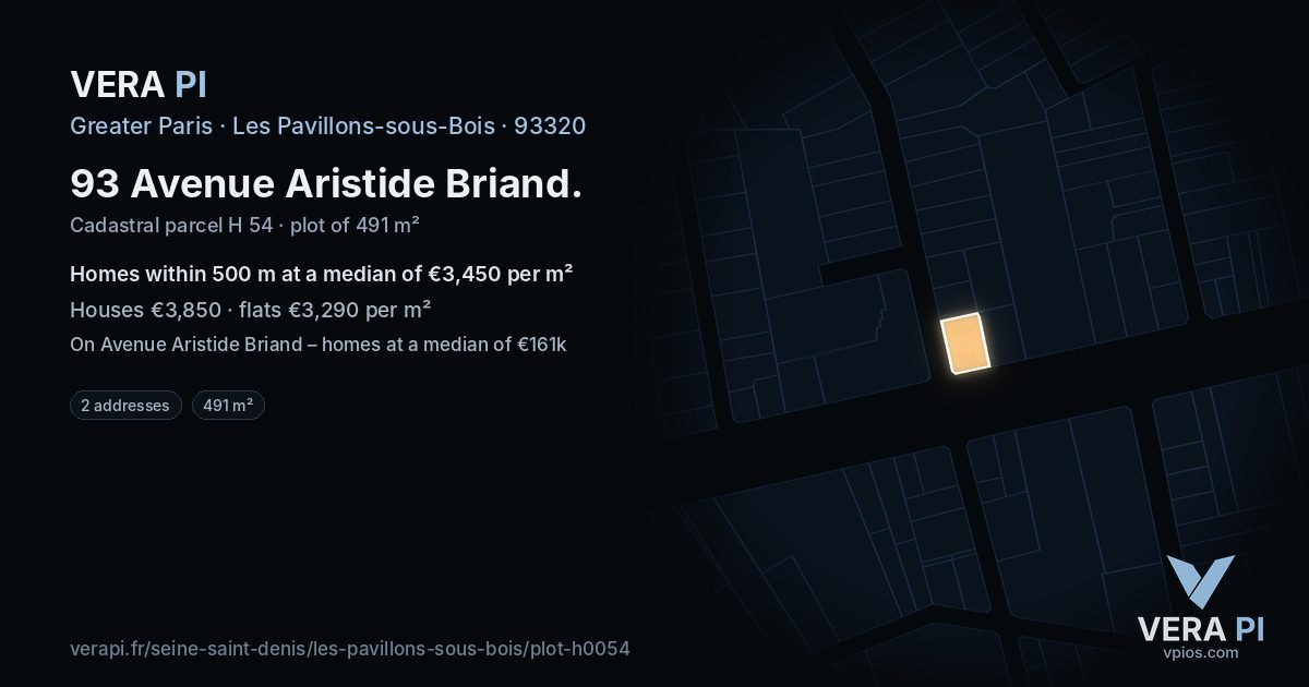 93 Avenue Aristide Briand, Les Pavillons-sous-Bois at night – the plot lit, the parcels around coloured by the prices near them
