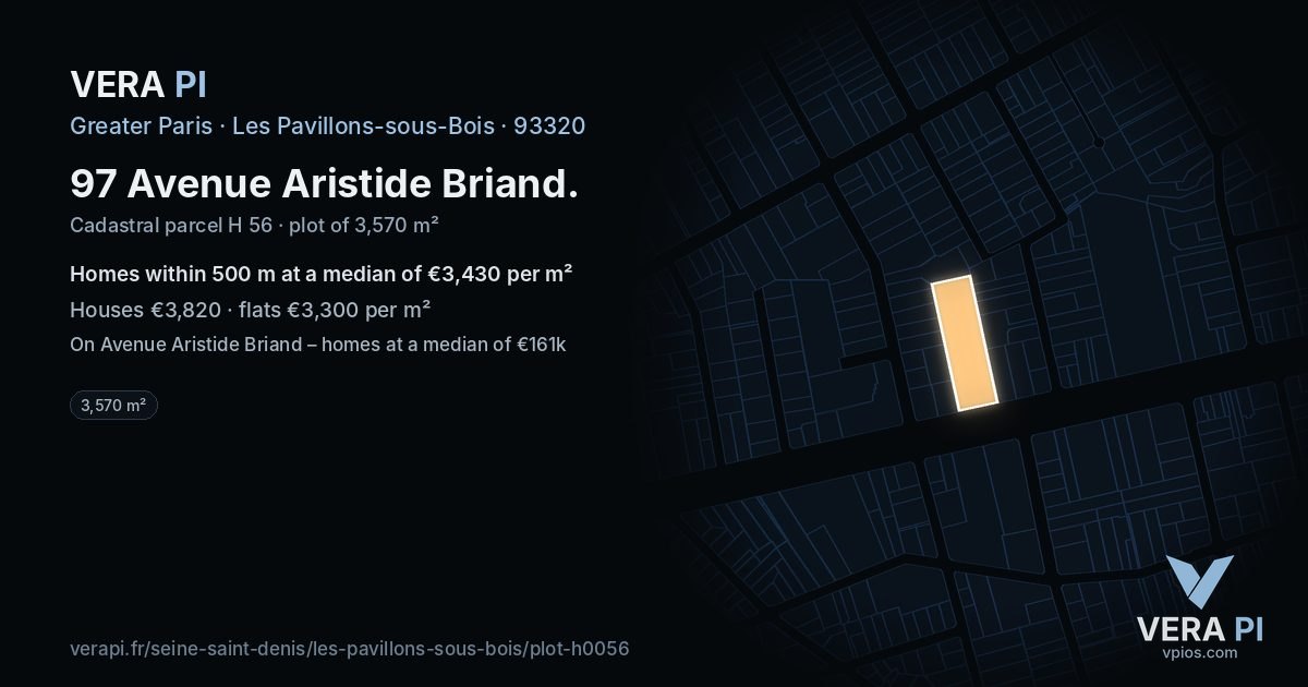97 Avenue Aristide Briand, Les Pavillons-sous-Bois at night – the plot lit, the parcels around coloured by the prices near them