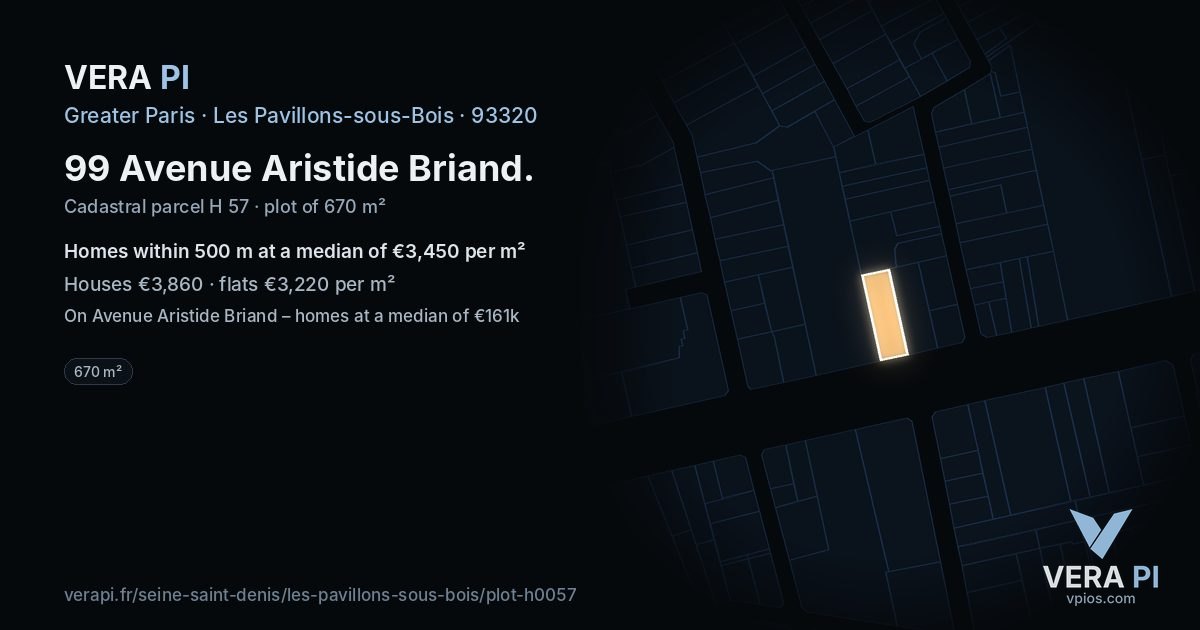 99 Avenue Aristide Briand, Les Pavillons-sous-Bois at night – the plot lit, the parcels around coloured by the prices near them