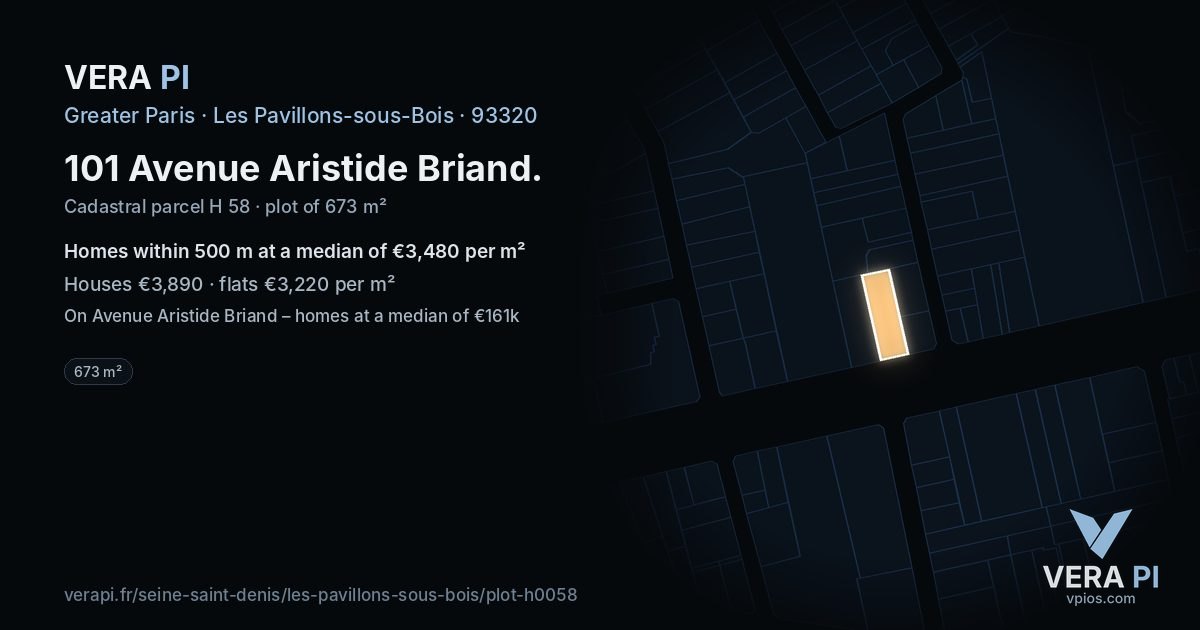 101 Avenue Aristide Briand, Les Pavillons-sous-Bois at night – the plot lit, the parcels around coloured by the prices near them