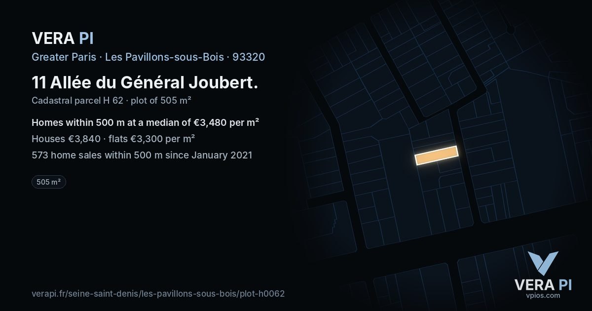 11 Allée du Général Joubert, Les Pavillons-sous-Bois at night – the plot lit, the parcels around coloured by the prices near them
