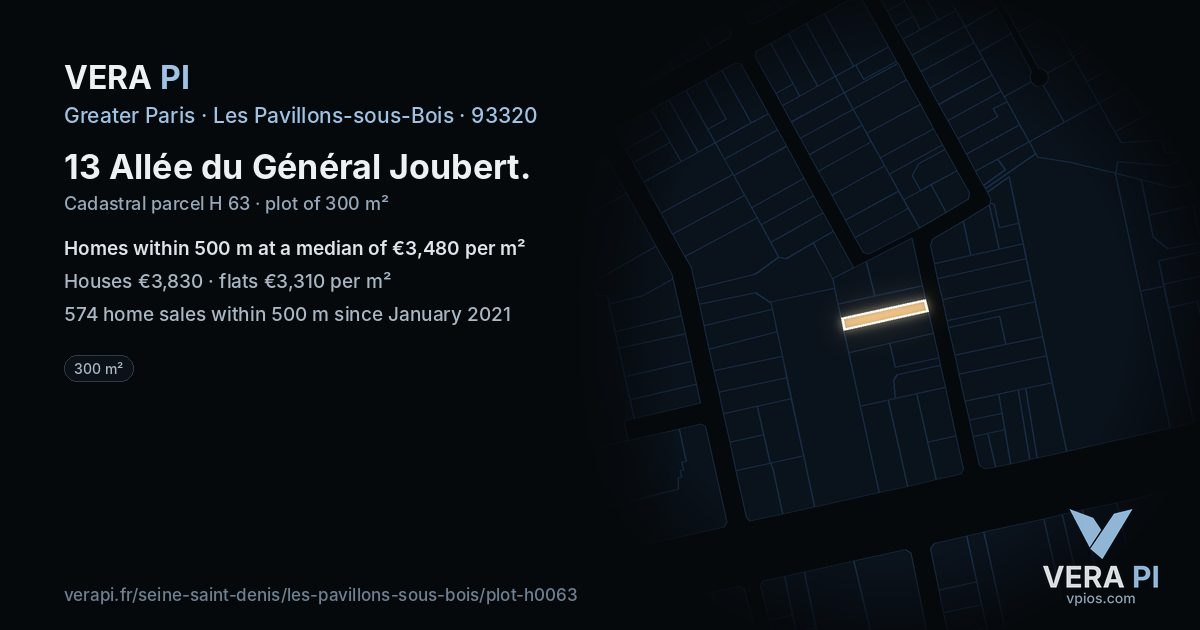 13 Allée du Général Joubert, Les Pavillons-sous-Bois at night – the plot lit, the parcels around coloured by the prices near them