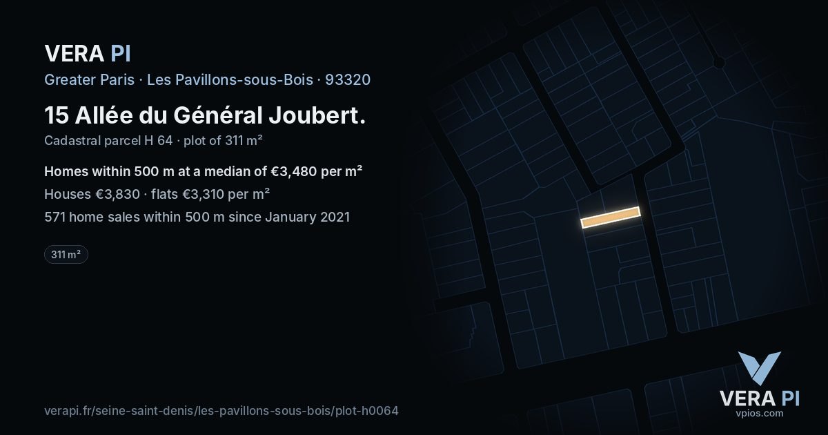 15 Allée du Général Joubert, Les Pavillons-sous-Bois at night – the plot lit, the parcels around coloured by the prices near them