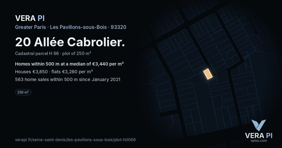 20 Allée Cabrolier, Les Pavillons-sous-Bois at night – the plot lit, the parcels around coloured by the prices near them