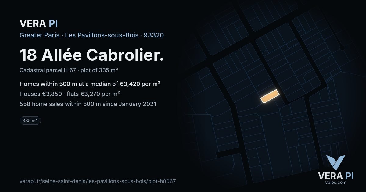 18 Allée Cabrolier, Les Pavillons-sous-Bois at night – the plot lit, the parcels around coloured by the prices near them