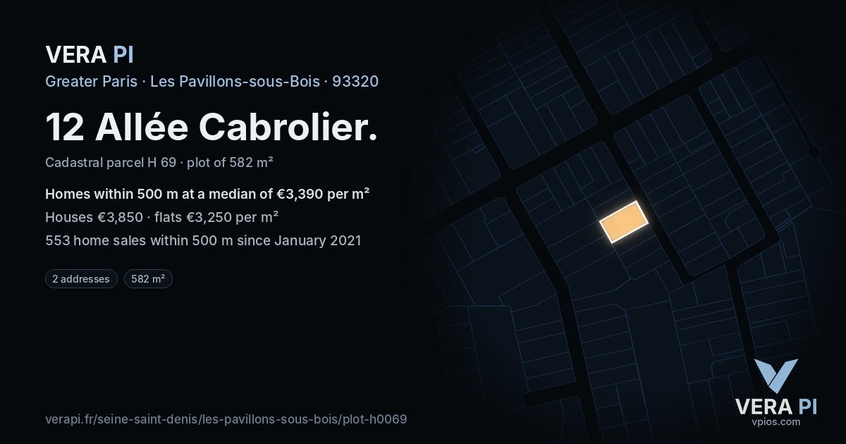 12 Allée Cabrolier, Les Pavillons-sous-Bois at night – the plot lit, the parcels around coloured by the prices near them