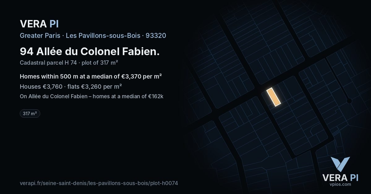 94 Allée du Colonel Fabien, Les Pavillons-sous-Bois at night – the plot lit, the parcels around coloured by the prices near them