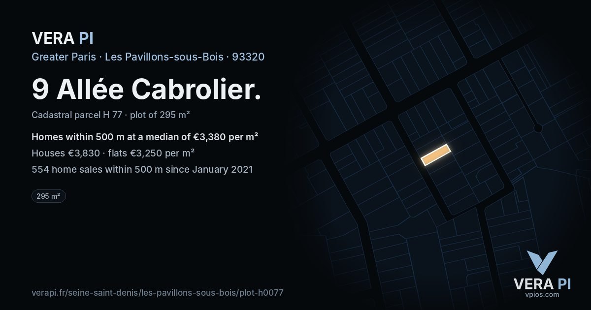 9 Allée Cabrolier, Les Pavillons-sous-Bois at night – the plot lit, the parcels around coloured by the prices near them