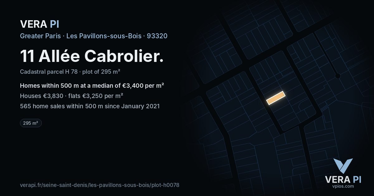 11 Allée Cabrolier, Les Pavillons-sous-Bois at night – the plot lit, the parcels around coloured by the prices near them