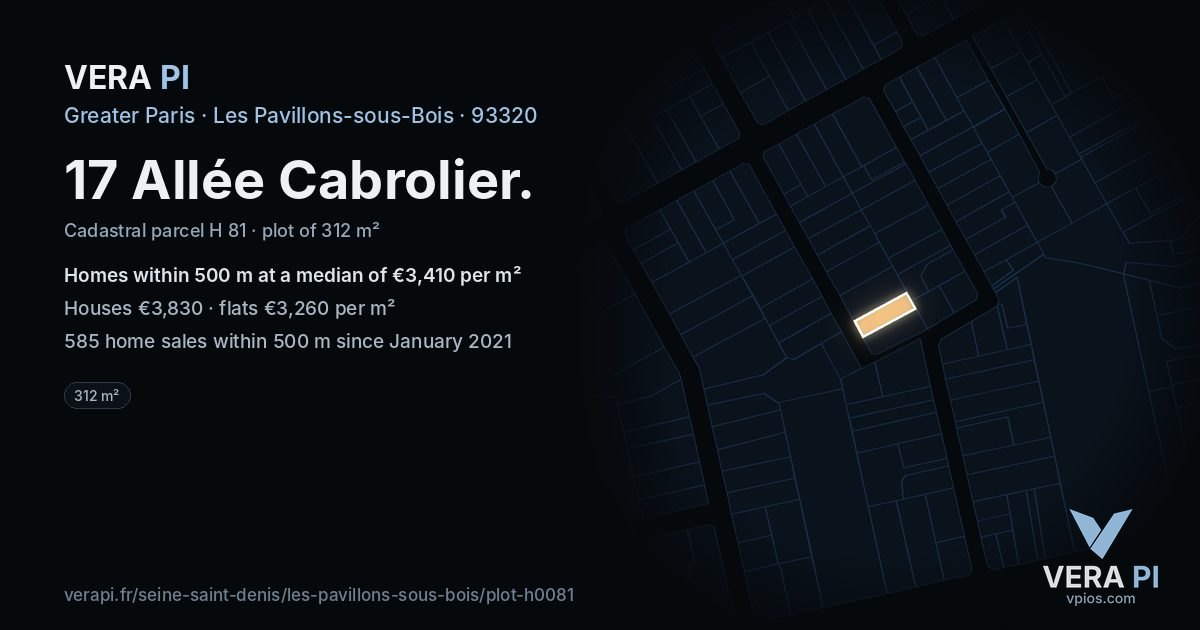 17 Allée Cabrolier, Les Pavillons-sous-Bois at night – the plot lit, the parcels around coloured by the prices near them