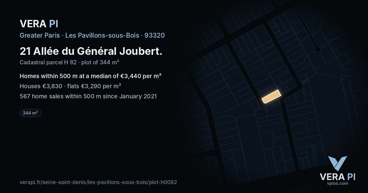 21 Allée du Général Joubert, Les Pavillons-sous-Bois at night – the plot lit, the parcels around coloured by the prices near them