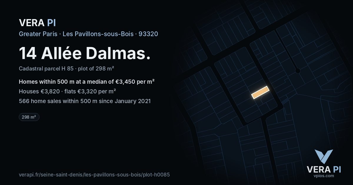 14 Allée Dalmas, Les Pavillons-sous-Bois at night – the plot lit, the parcels around coloured by the prices near them