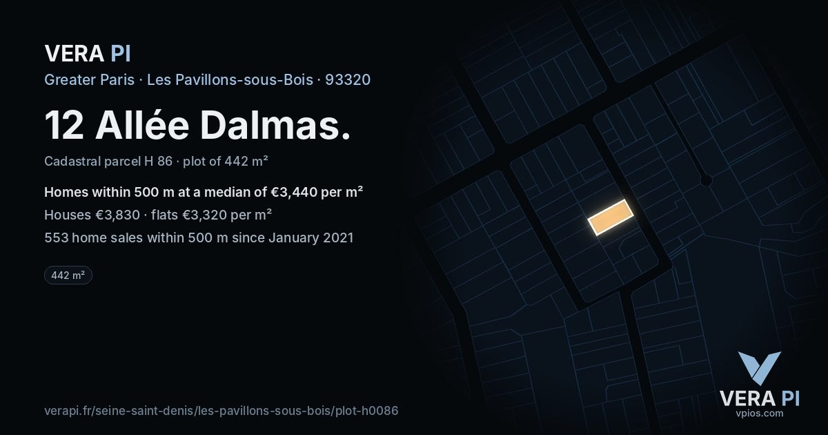 12 Allée Dalmas, Les Pavillons-sous-Bois at night – the plot lit, the parcels around coloured by the prices near them