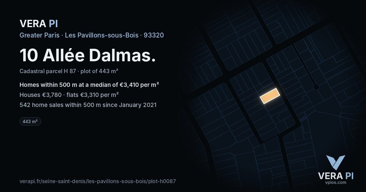 10 Allée Dalmas, Les Pavillons-sous-Bois at night – the plot lit, the parcels around coloured by the prices near them