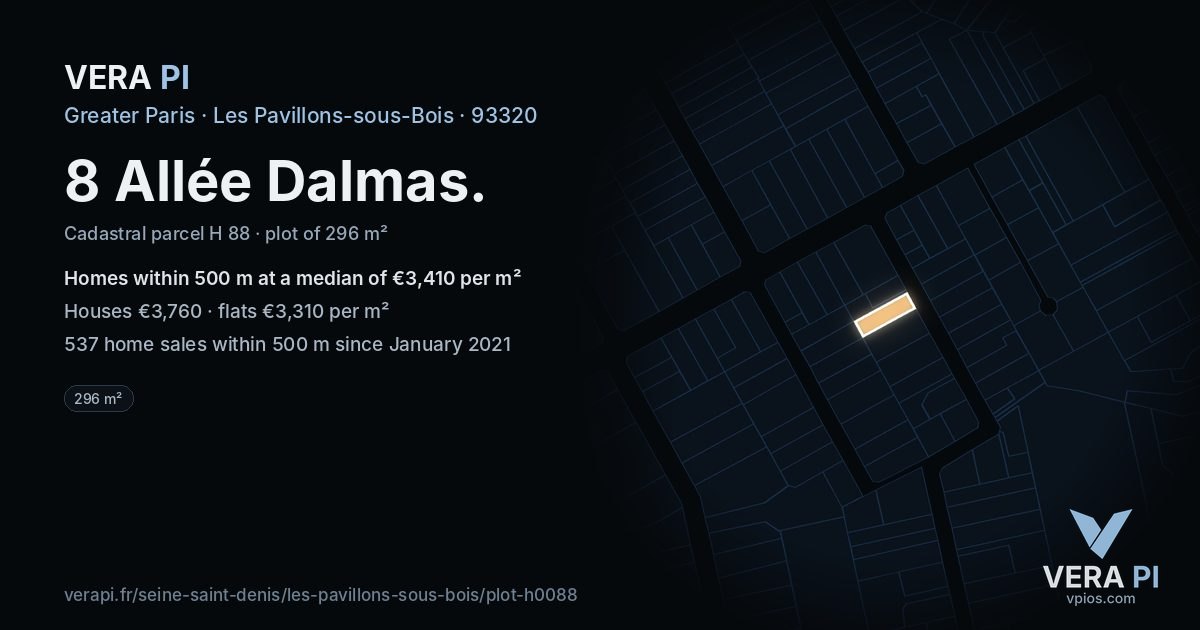8 Allée Dalmas, Les Pavillons-sous-Bois at night – the plot lit, the parcels around coloured by the prices near them