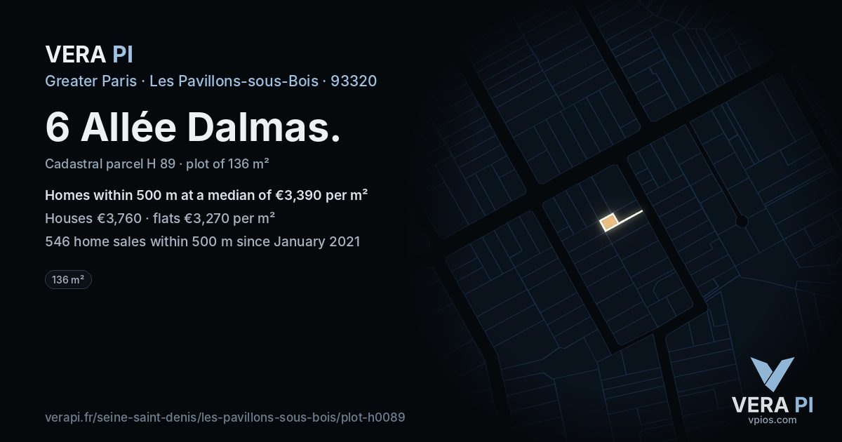 6 Allée Dalmas, Les Pavillons-sous-Bois at night – the plot lit, the parcels around coloured by the prices near them