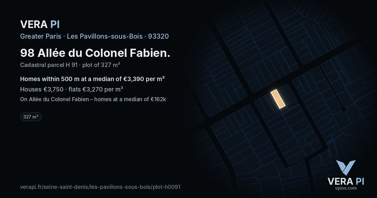 98 Allée du Colonel Fabien, Les Pavillons-sous-Bois at night – the plot lit, the parcels around coloured by the prices near them