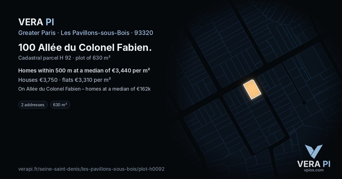 100 Allée du Colonel Fabien, Les Pavillons-sous-Bois at night – the plot lit, the parcels around coloured by the prices near them