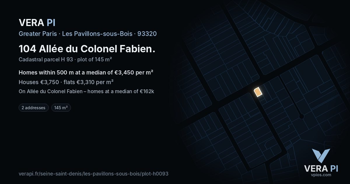 104 Allée du Colonel Fabien, Les Pavillons-sous-Bois at night – the plot lit, the parcels around coloured by the prices near them