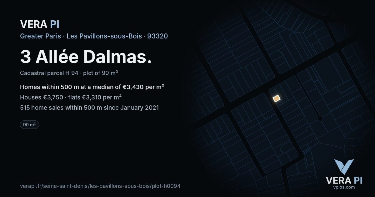 3 Allée Dalmas, Les Pavillons-sous-Bois at night – the plot lit, the parcels around coloured by the prices near them
