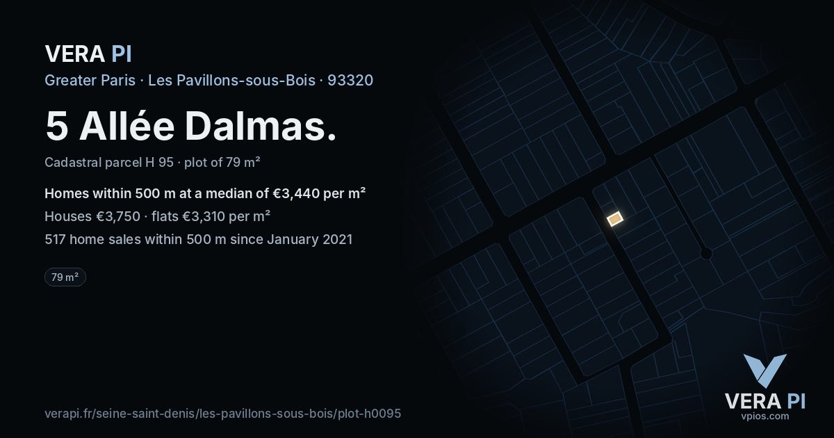 5 Allée Dalmas, Les Pavillons-sous-Bois at night – the plot lit, the parcels around coloured by the prices near them