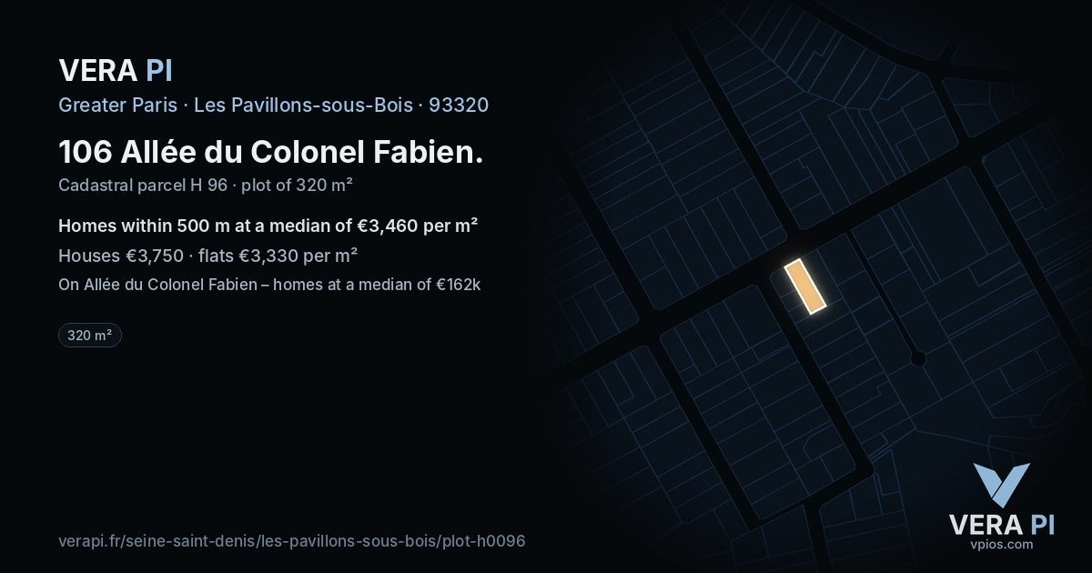 106 Allée du Colonel Fabien, Les Pavillons-sous-Bois at night – the plot lit, the parcels around coloured by the prices near them