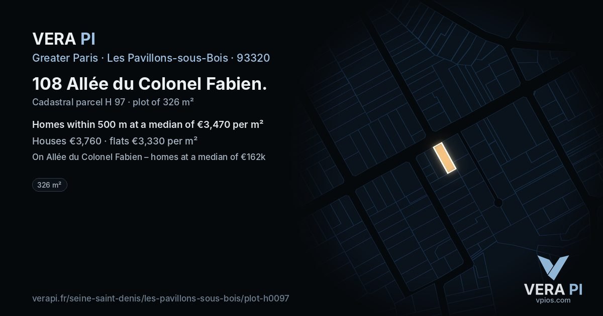108 Allée du Colonel Fabien, Les Pavillons-sous-Bois at night – the plot lit, the parcels around coloured by the prices near them