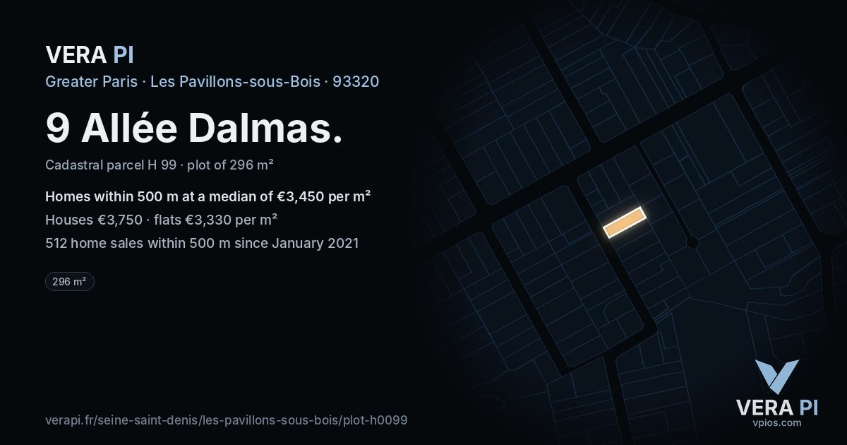9 Allée Dalmas, Les Pavillons-sous-Bois at night – the plot lit, the parcels around coloured by the prices near them