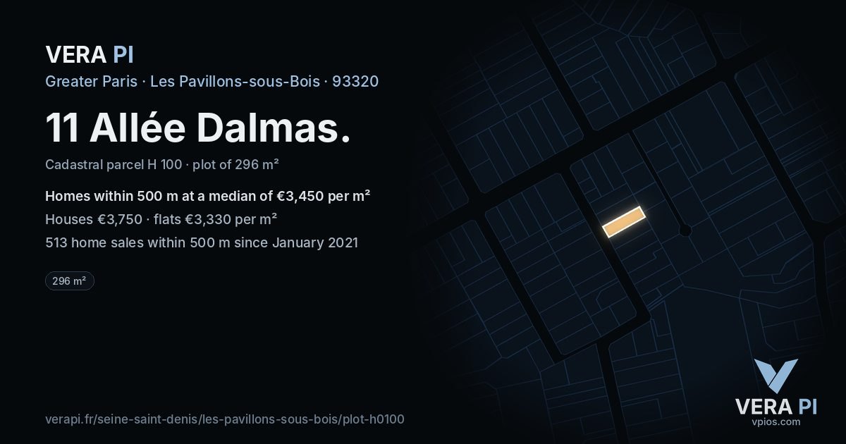11 Allée Dalmas, Les Pavillons-sous-Bois at night – the plot lit, the parcels around coloured by the prices near them