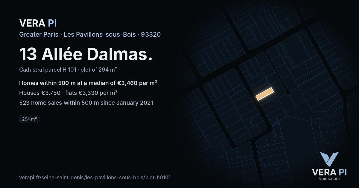 13 Allée Dalmas, Les Pavillons-sous-Bois at night – the plot lit, the parcels around coloured by the prices near them