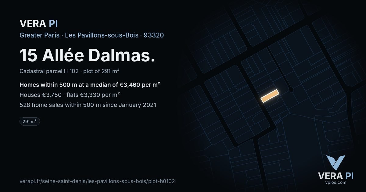 15 Allée Dalmas, Les Pavillons-sous-Bois at night – the plot lit, the parcels around coloured by the prices near them