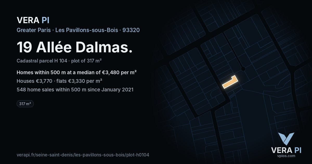 19 Allée Dalmas, Les Pavillons-sous-Bois at night – the plot lit, the parcels around coloured by the prices near them
