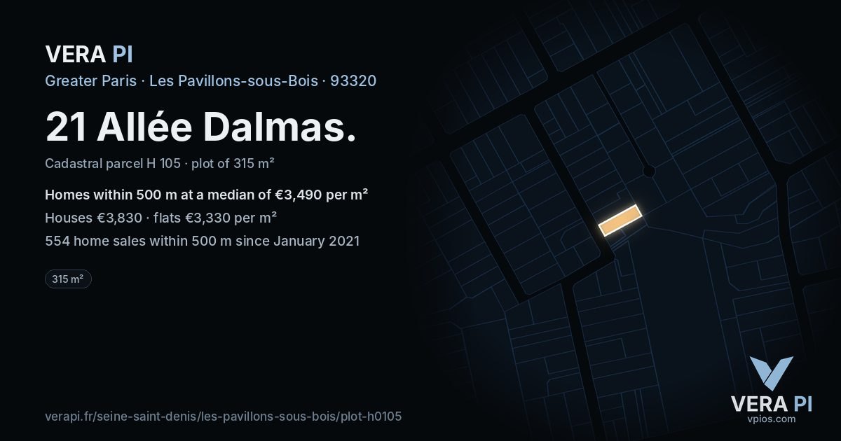 21 Allée Dalmas, Les Pavillons-sous-Bois at night – the plot lit, the parcels around coloured by the prices near them