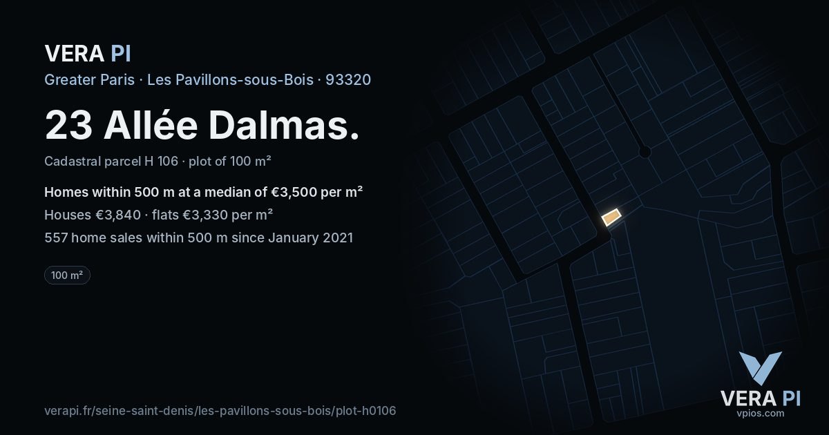 23 Allée Dalmas, Les Pavillons-sous-Bois at night – the plot lit, the parcels around coloured by the prices near them