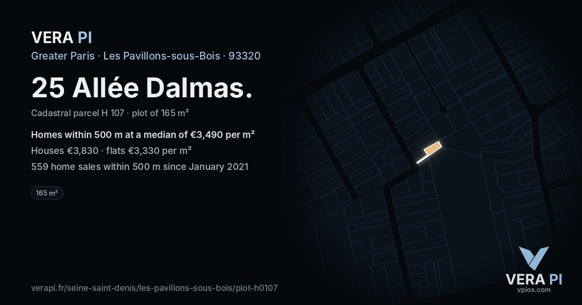 25 Allée Dalmas, Les Pavillons-sous-Bois at night – the plot lit, the parcels around coloured by the prices near them