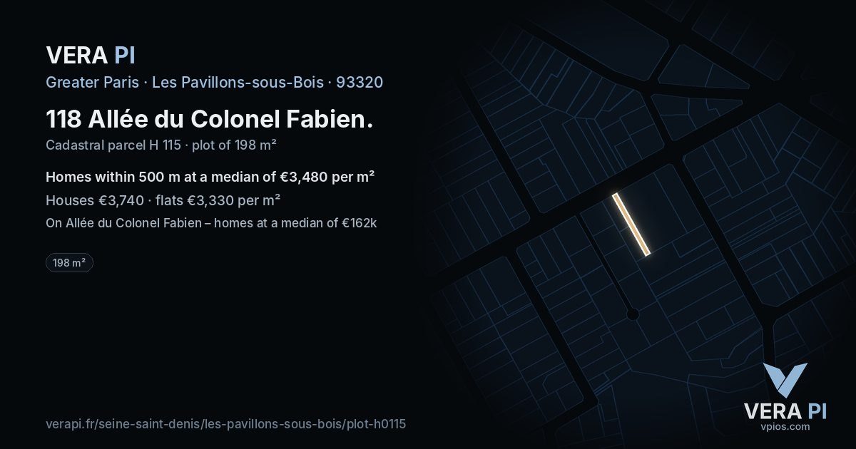 118 Allée du Colonel Fabien, Les Pavillons-sous-Bois at night – the plot lit, the parcels around coloured by the prices near them