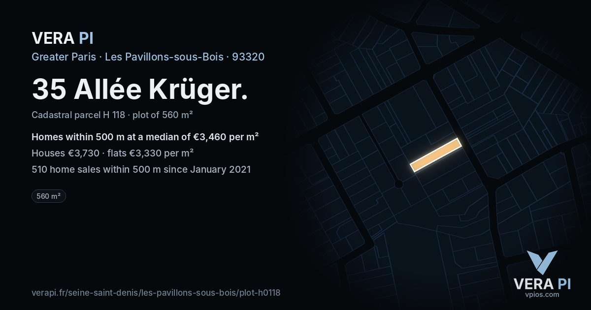 35 Allée Krüger, Les Pavillons-sous-Bois at night – the plot lit, the parcels around coloured by the prices near them