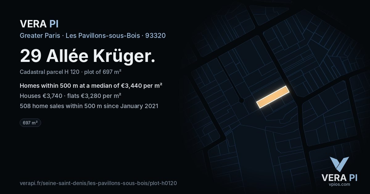 29 Allée Krüger, Les Pavillons-sous-Bois at night – the plot lit, the parcels around coloured by the prices near them