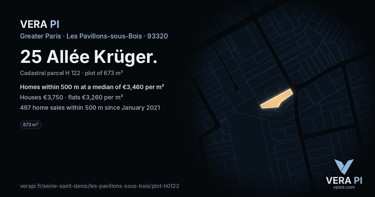 25 Allée Krüger, Les Pavillons-sous-Bois at night – the plot lit, the parcels around coloured by the prices near them