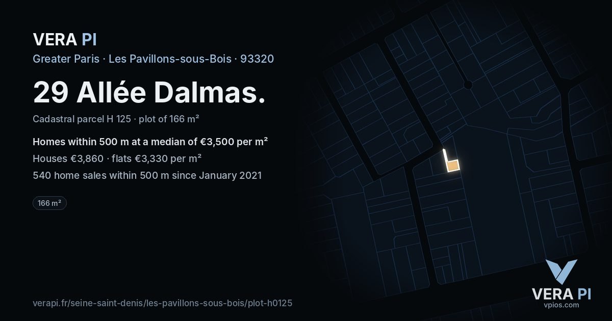 29 Allée Dalmas, Les Pavillons-sous-Bois at night – the plot lit, the parcels around coloured by the prices near them