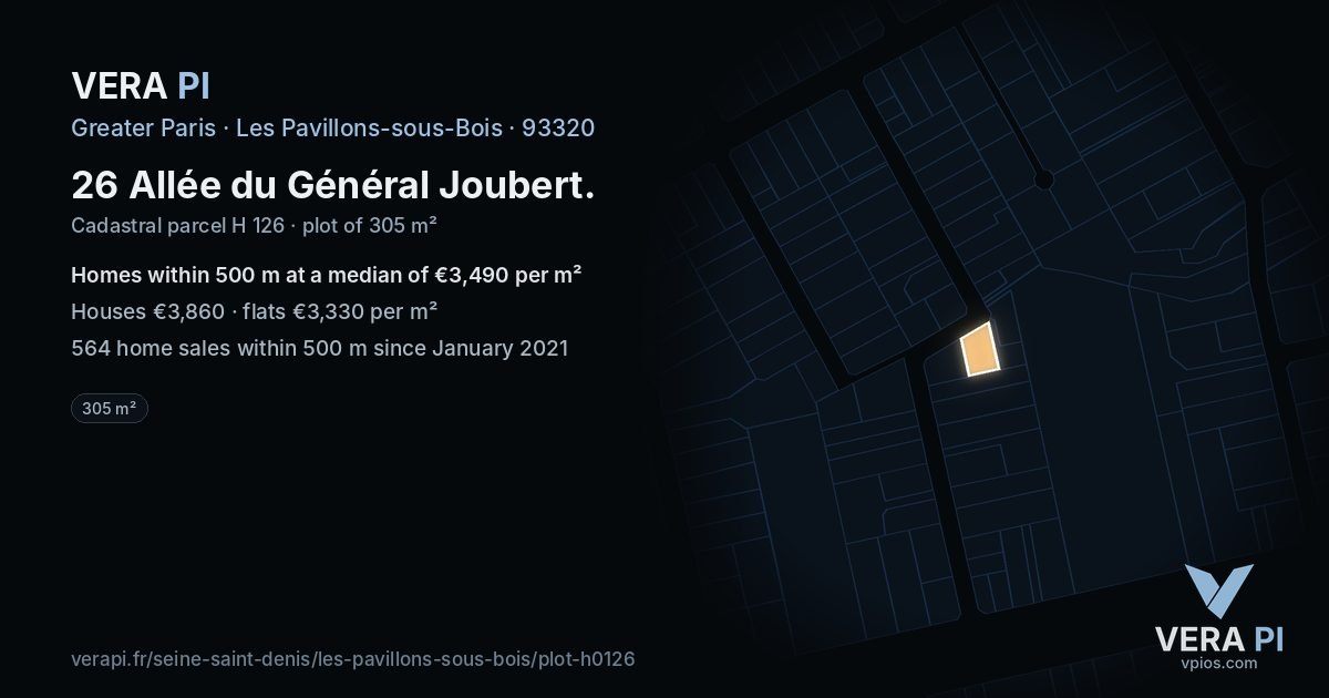26 Allée du Général Joubert, Les Pavillons-sous-Bois at night – the plot lit, the parcels around coloured by the prices near them