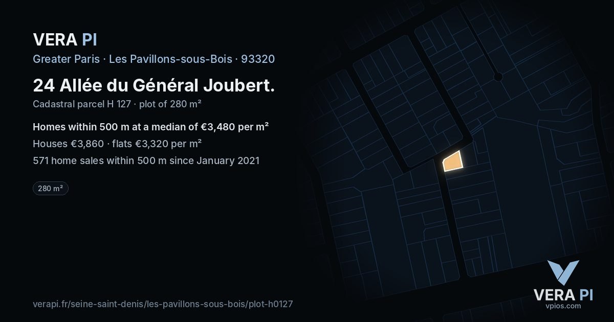 24 Allée du Général Joubert, Les Pavillons-sous-Bois at night – the plot lit, the parcels around coloured by the prices near them