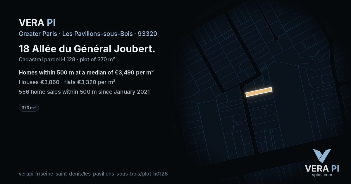 18 Allée du Général Joubert, Les Pavillons-sous-Bois at night – the plot lit, the parcels around coloured by the prices near them