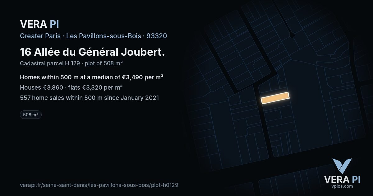 16 Allée du Général Joubert, Les Pavillons-sous-Bois at night – the plot lit, the parcels around coloured by the prices near them