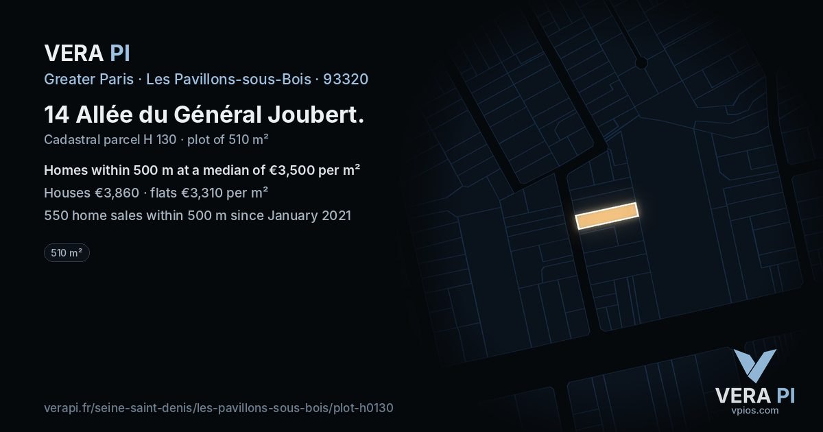14 Allée du Général Joubert, Les Pavillons-sous-Bois at night – the plot lit, the parcels around coloured by the prices near them
