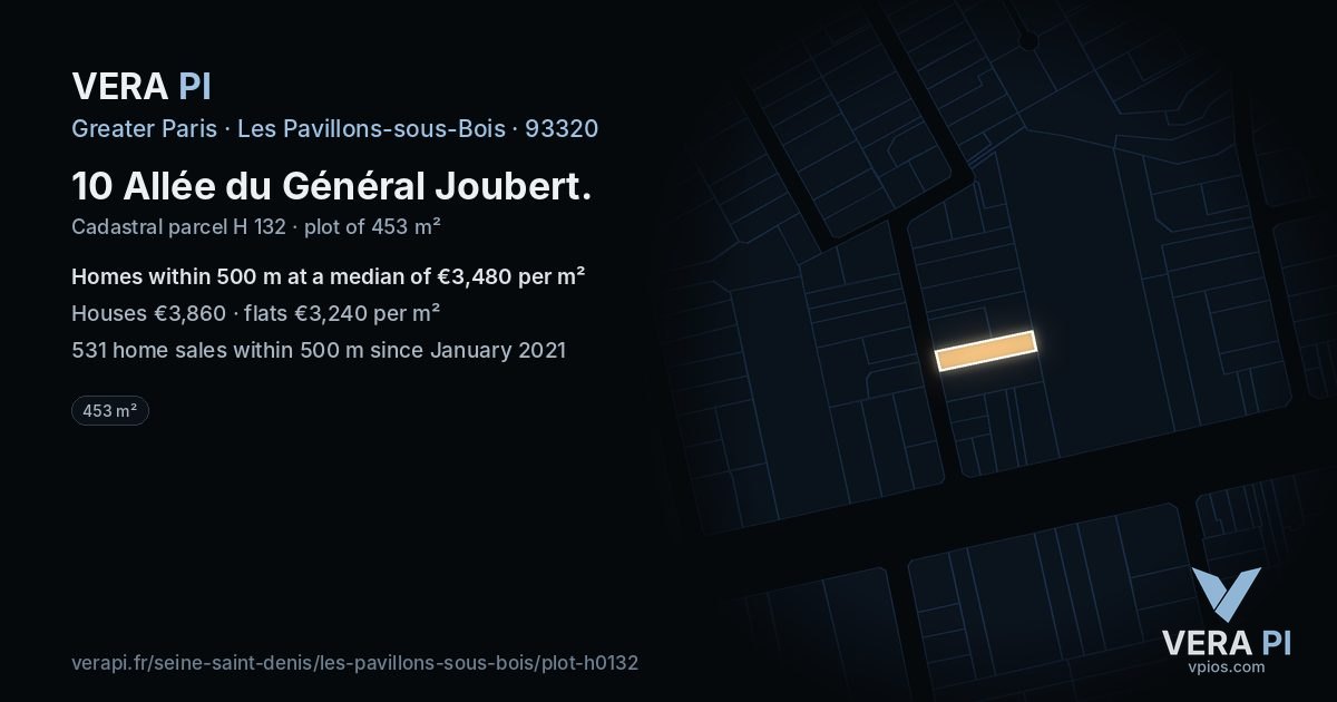 10 Allée du Général Joubert, Les Pavillons-sous-Bois at night – the plot lit, the parcels around coloured by the prices near them