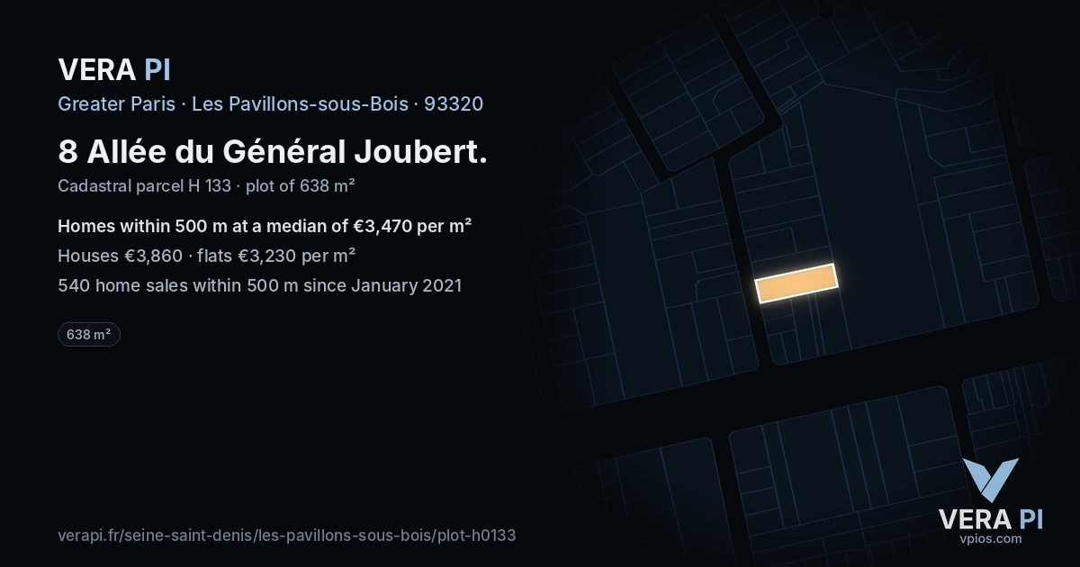 8 Allée du Général Joubert, Les Pavillons-sous-Bois at night – the plot lit, the parcels around coloured by the prices near them