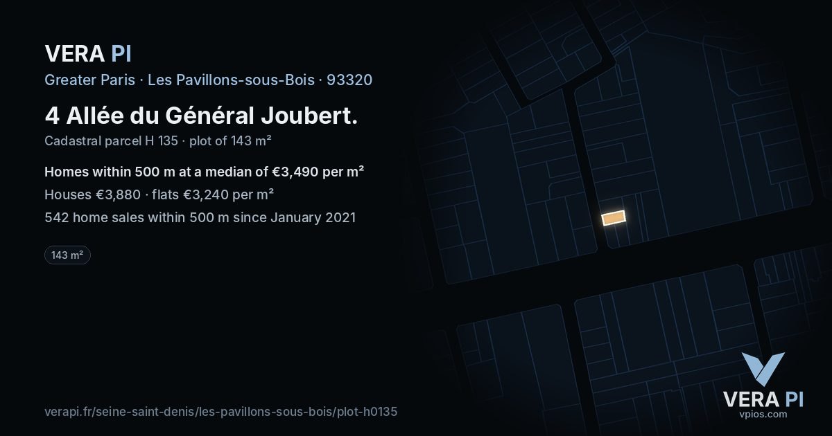 4 Allée du Général Joubert, Les Pavillons-sous-Bois at night – the plot lit, the parcels around coloured by the prices near them