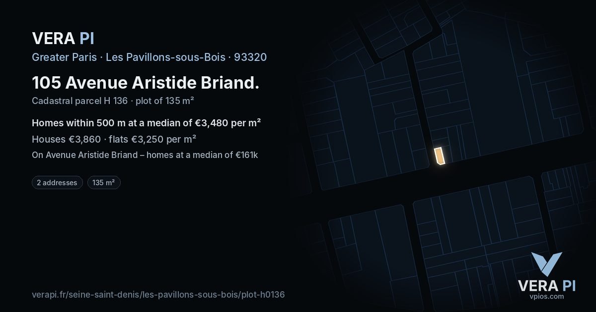 105 Avenue Aristide Briand, Les Pavillons-sous-Bois at night – the plot lit, the parcels around coloured by the prices near them