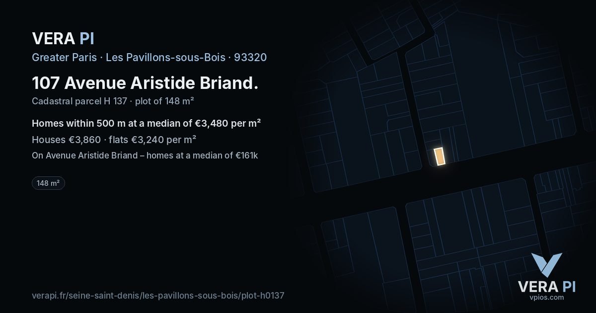 107 Avenue Aristide Briand, Les Pavillons-sous-Bois at night – the plot lit, the parcels around coloured by the prices near them